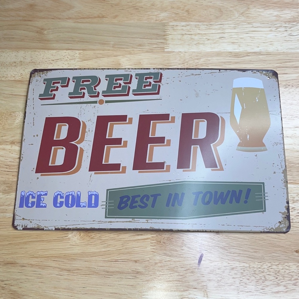 Metal Tin Sign Free Beer Ice Cold Best In Town Retro Pub Bar Wall Decor